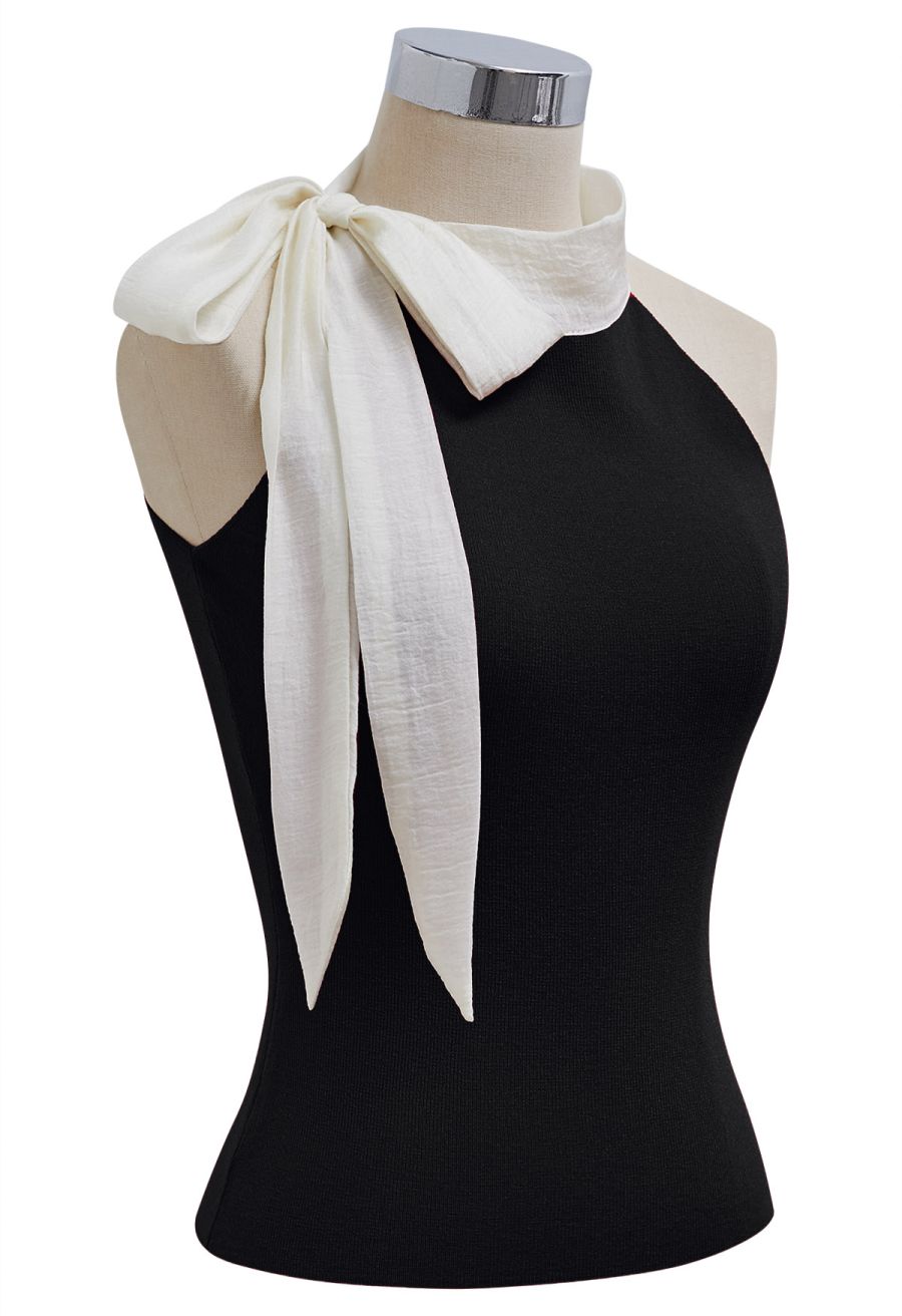 Organza Bowknot Rib Knit Sleeveless Top in Black