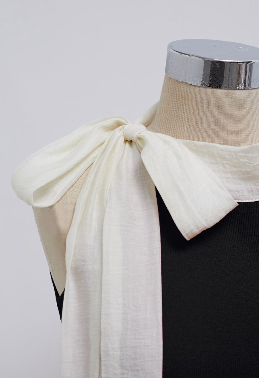 Organza Bowknot Rib Knit Sleeveless Top in Black