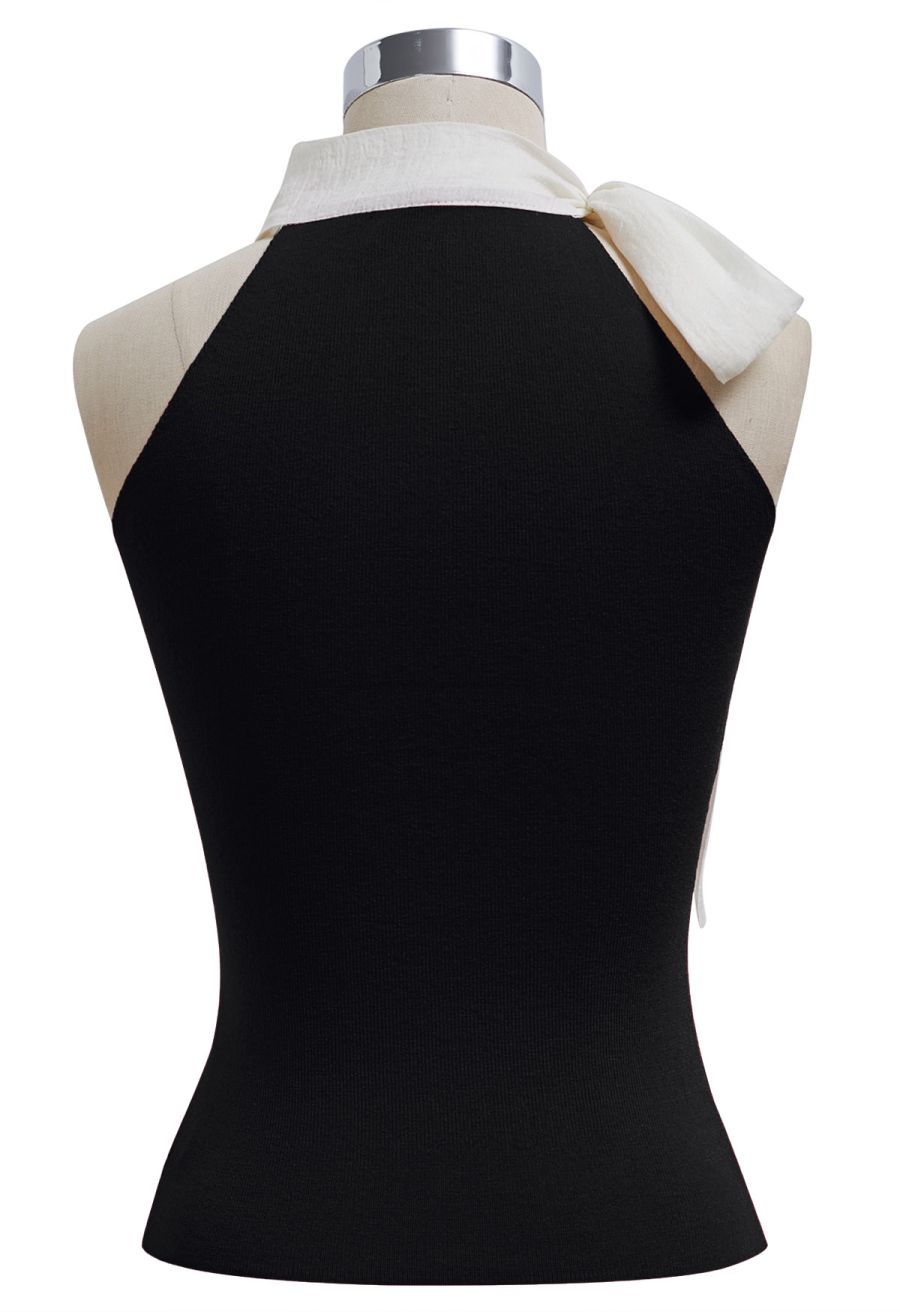 Organza Bowknot Rib Knit Sleeveless Top in Black