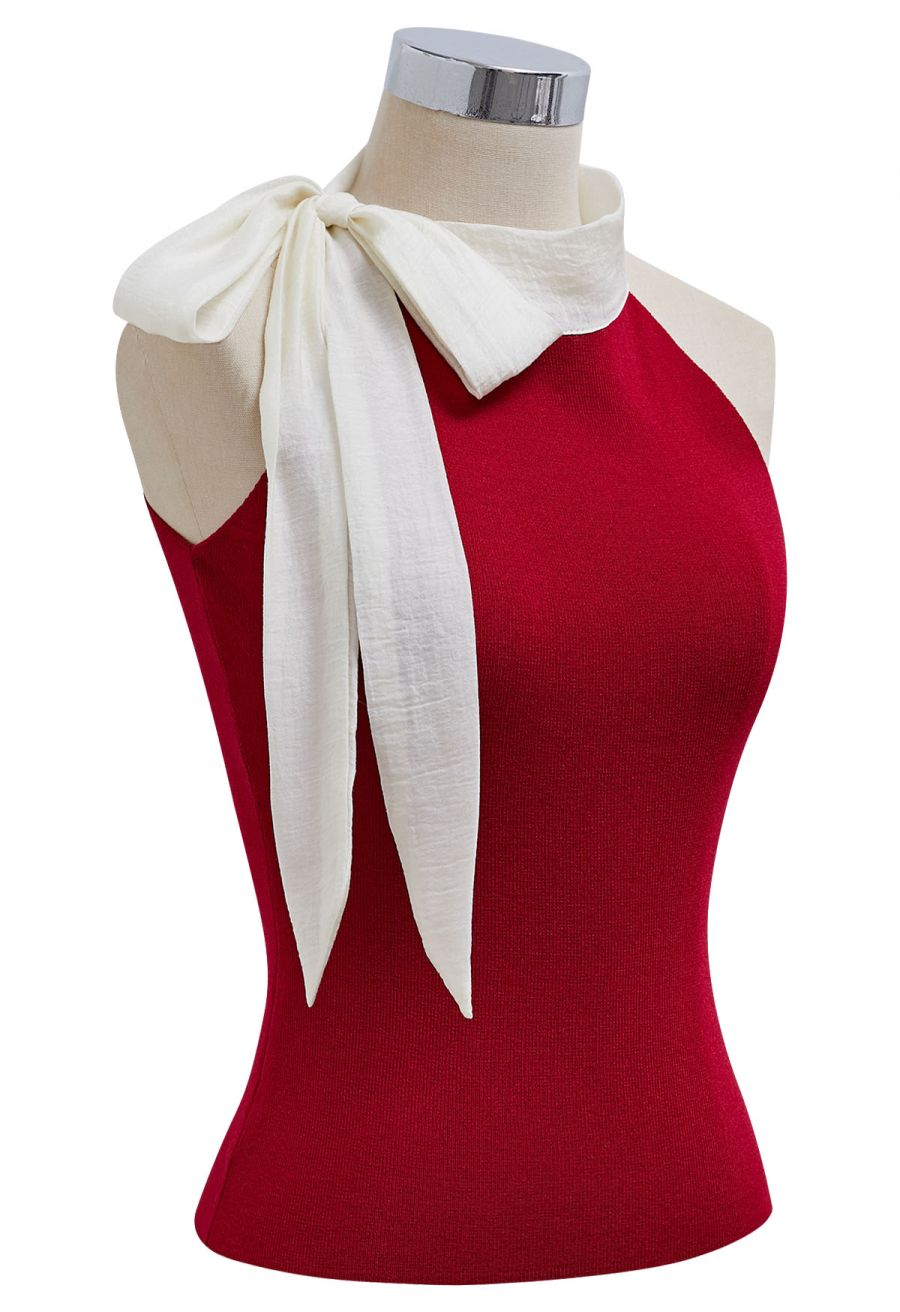 Organza Bowknot Rib Knit Sleeveless Top in Red