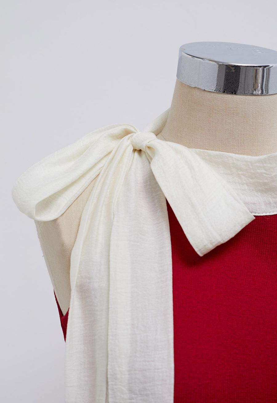 Organza Bowknot Rib Knit Sleeveless Top in Red