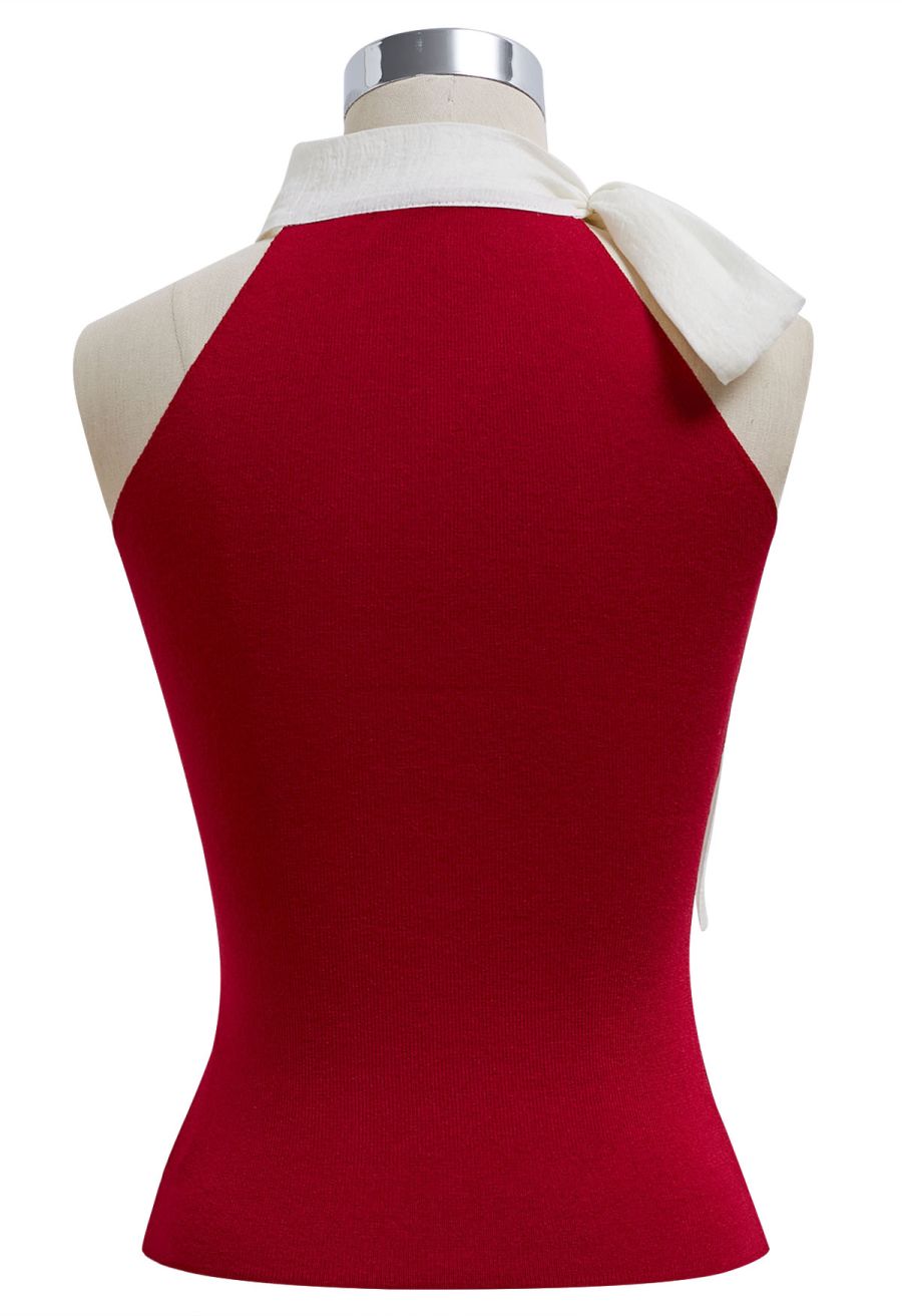 Organza Bowknot Rib Knit Sleeveless Top in Red