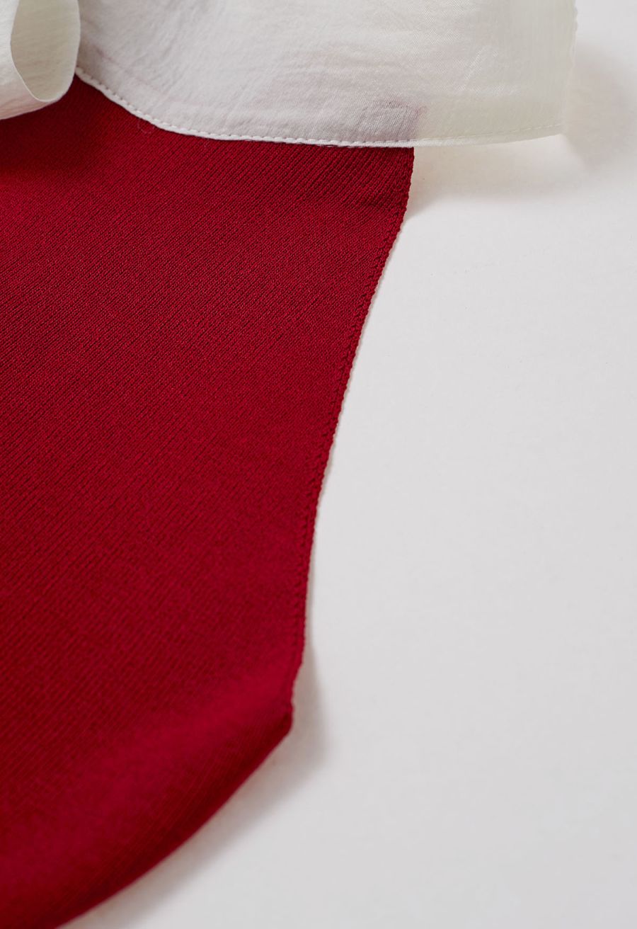 Organza Bowknot Rib Knit Sleeveless Top in Red