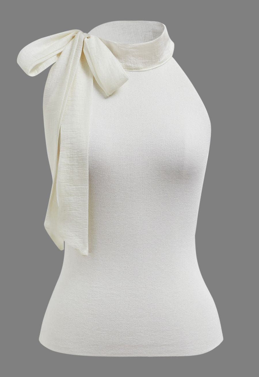 Organza Bowknot Rib Knit Sleeveless Top in Ivory