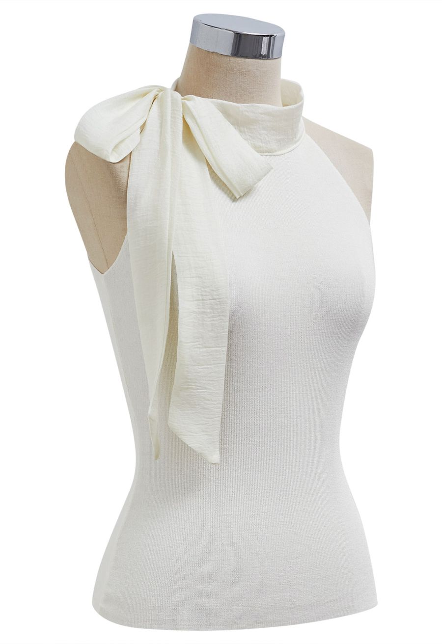 Organza Bowknot Rib Knit Sleeveless Top in Ivory