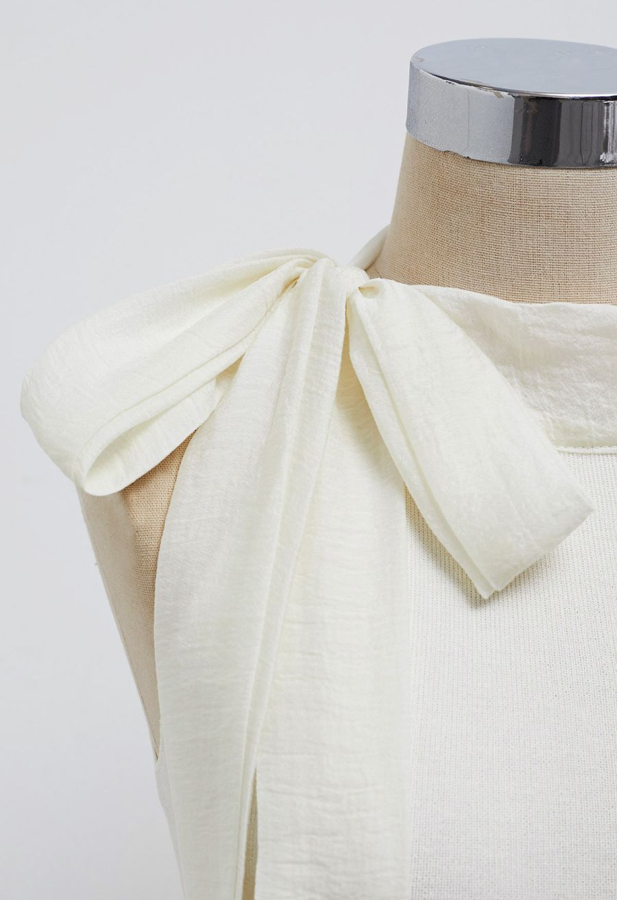 Organza Bowknot Rib Knit Sleeveless Top in Ivory