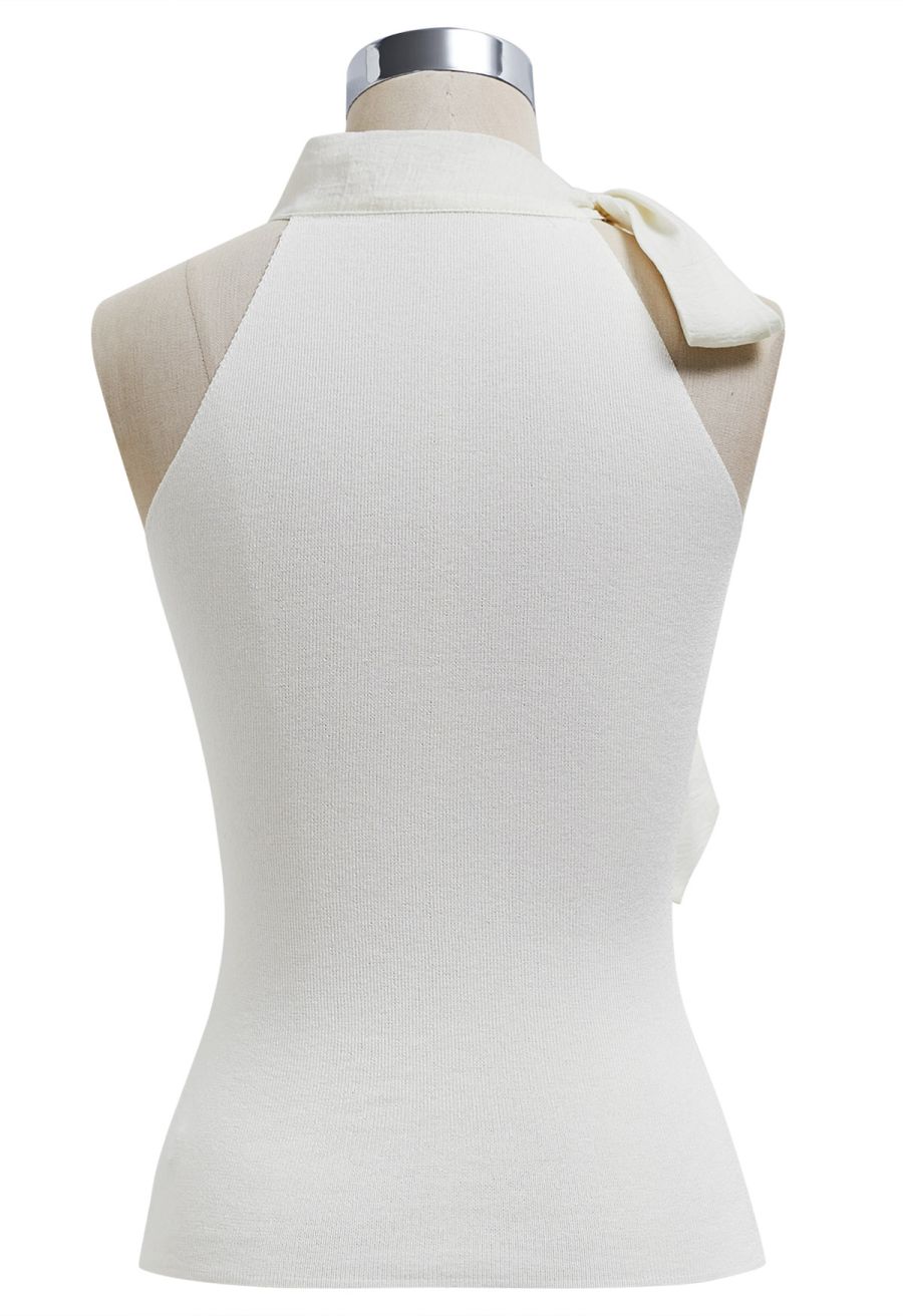 Organza Bowknot Rib Knit Sleeveless Top in Ivory
