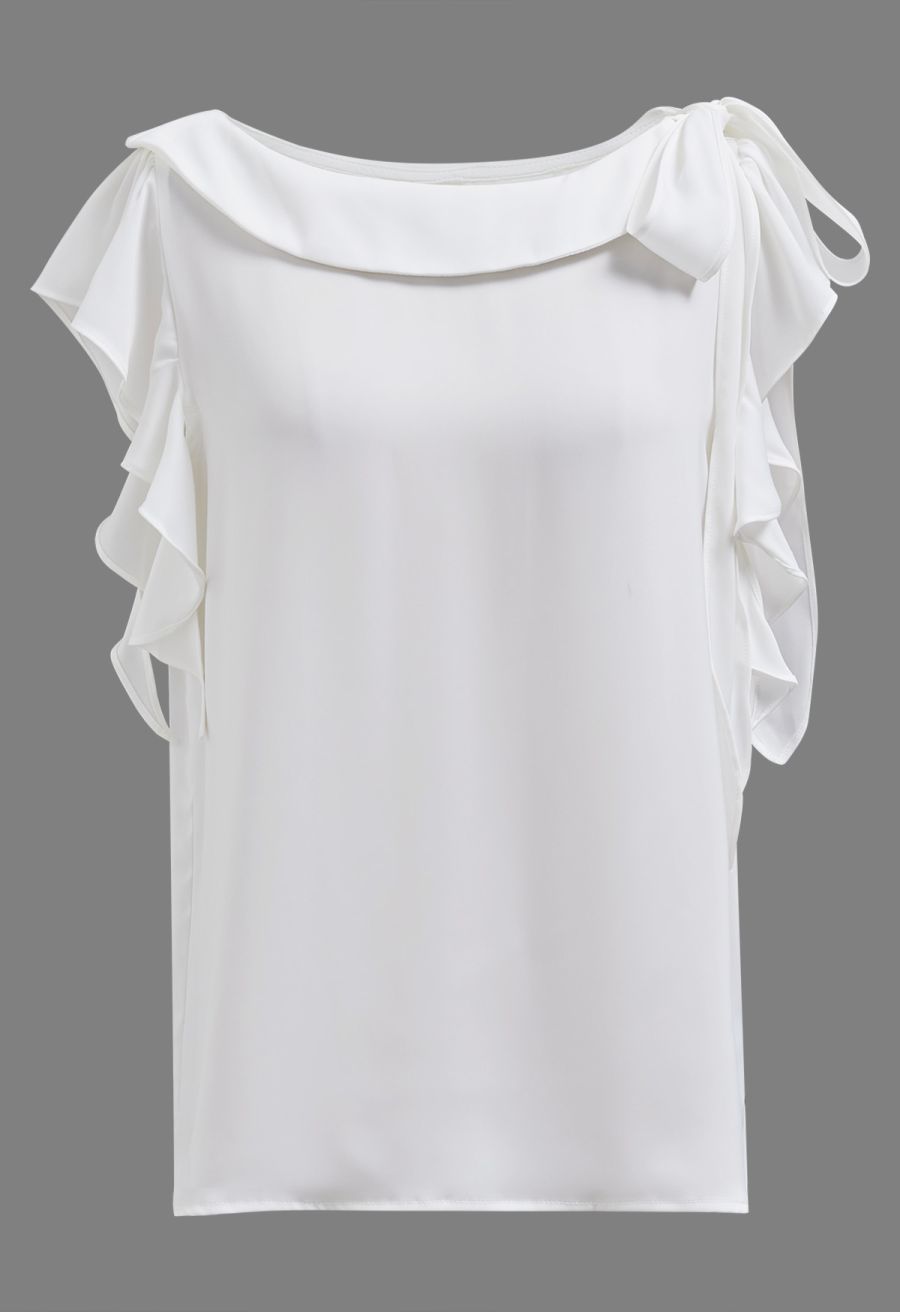 Side Knot Ruffle Sleeveless Satin Top in White