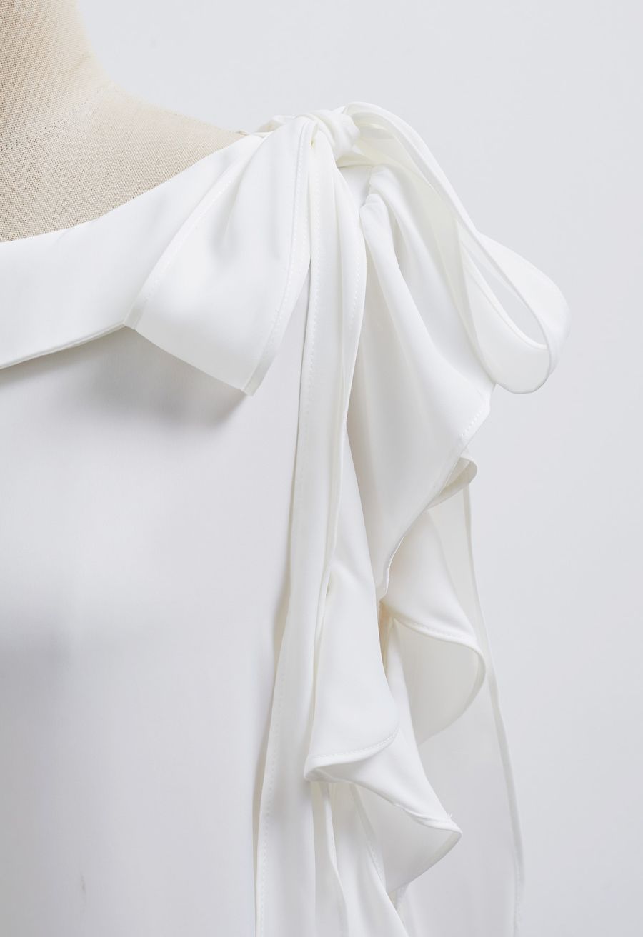 Side Knot Ruffle Sleeveless Satin Top in White