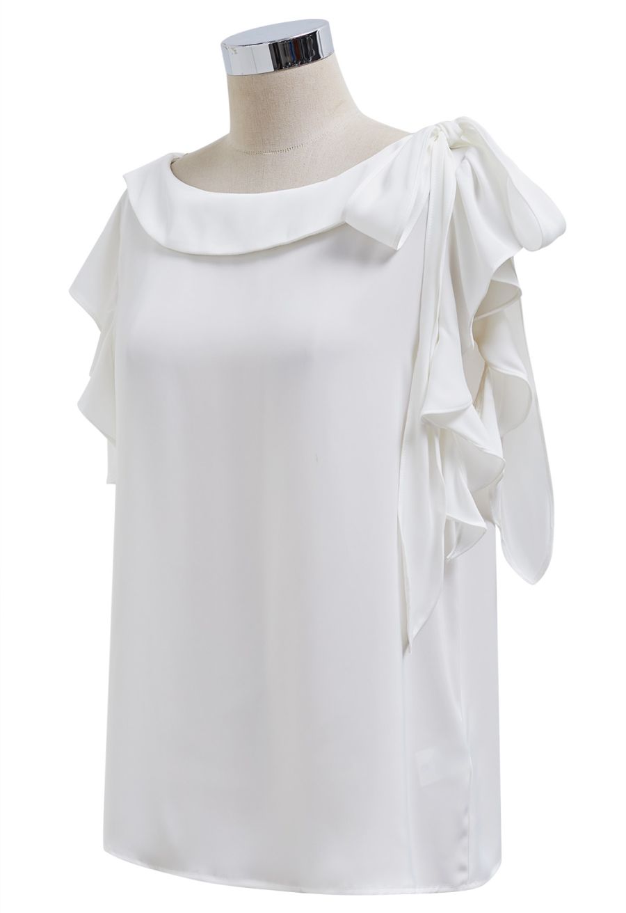 Side Knot Ruffle Sleeveless Satin Top in White