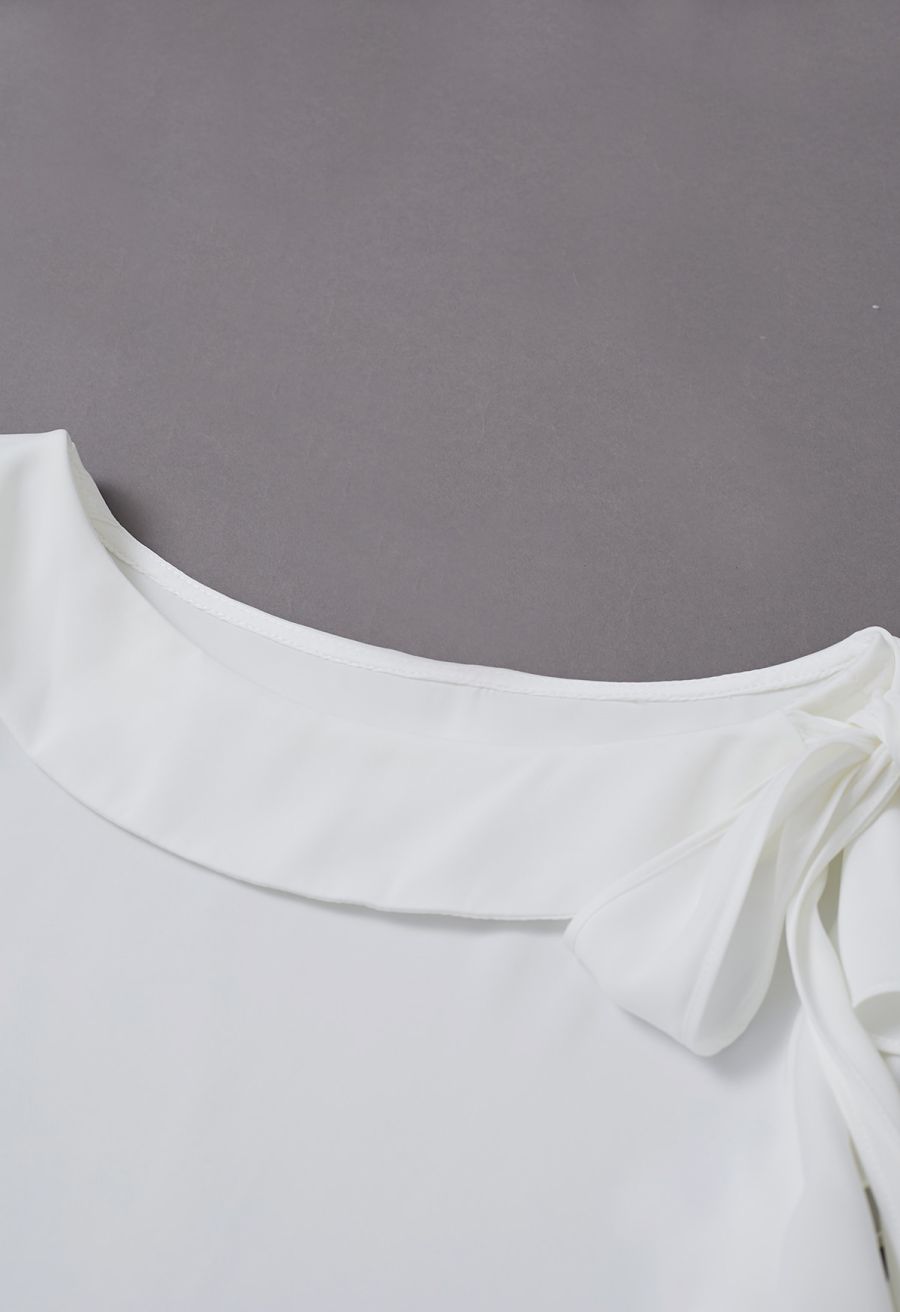 Side Knot Ruffle Sleeveless Satin Top in White