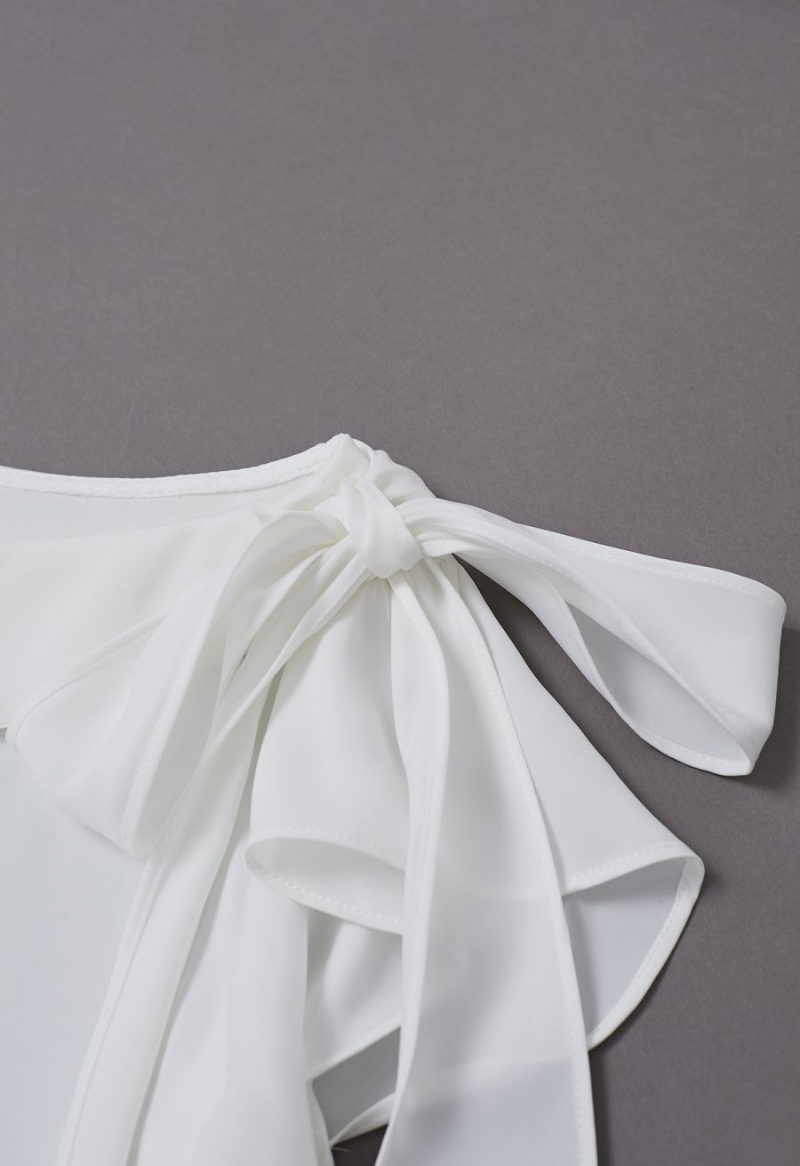 Side Knot Ruffle Sleeveless Satin Top in White