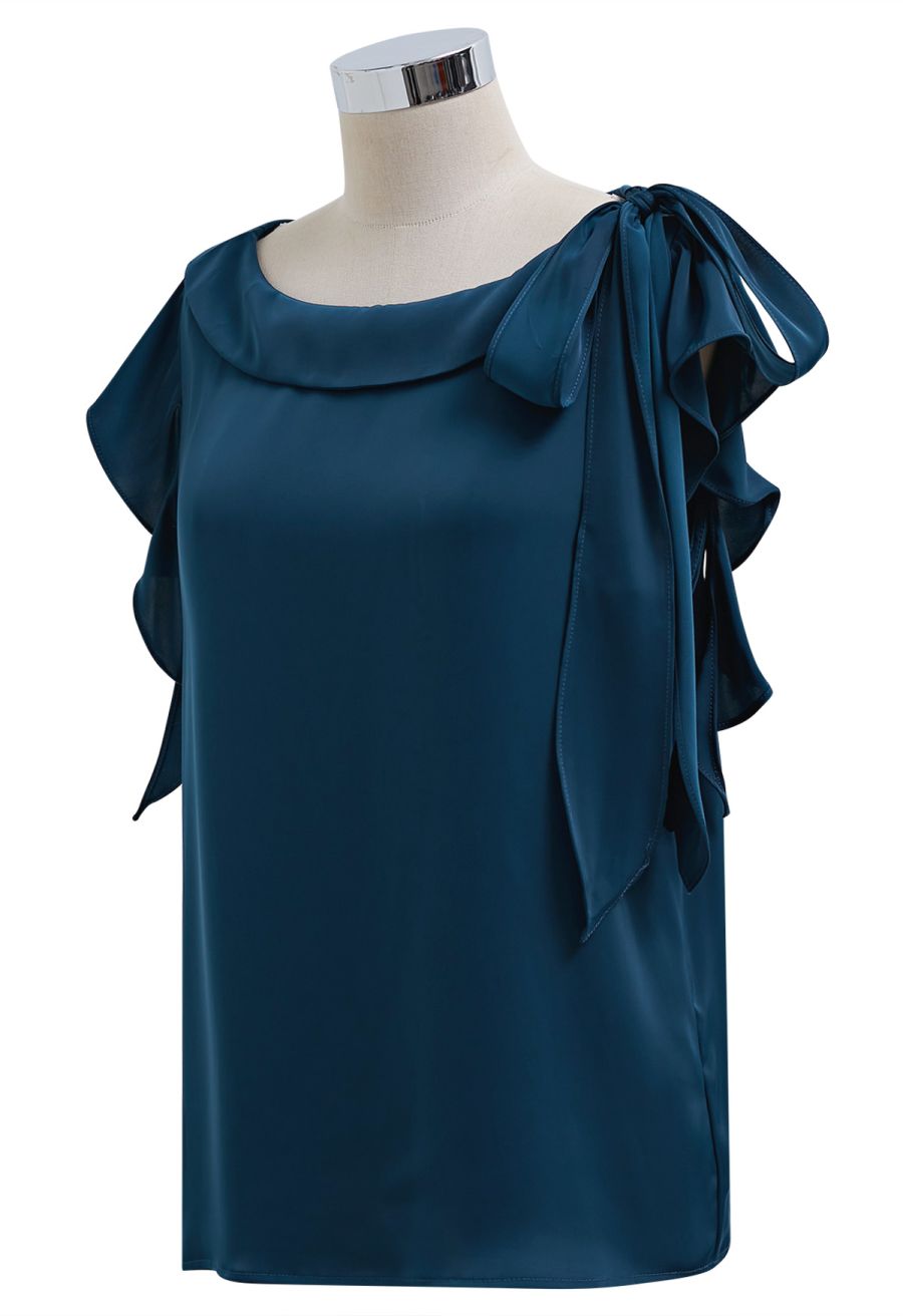 Side Knot Ruffle Sleeveless Satin Top in Teal