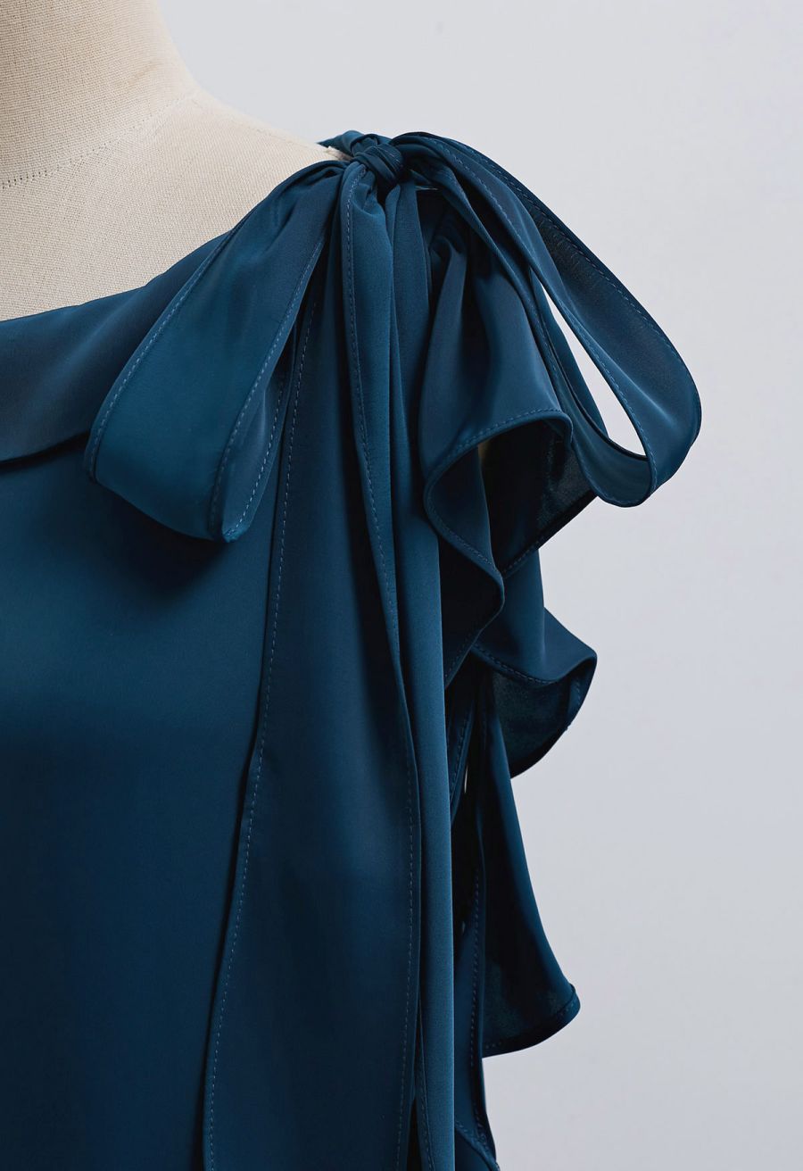 Side Knot Ruffle Sleeveless Satin Top in Teal