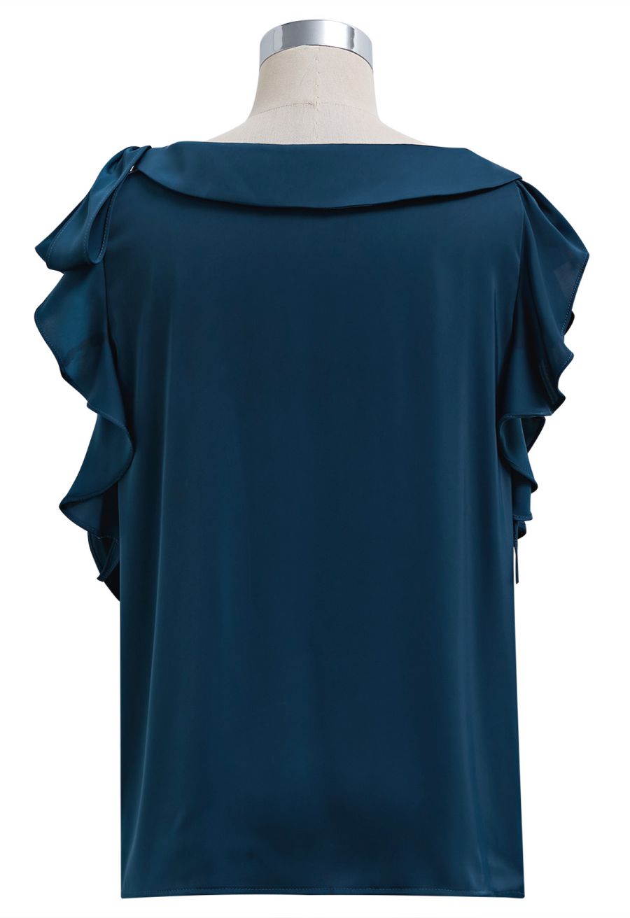 Side Knot Ruffle Sleeveless Satin Top in Teal