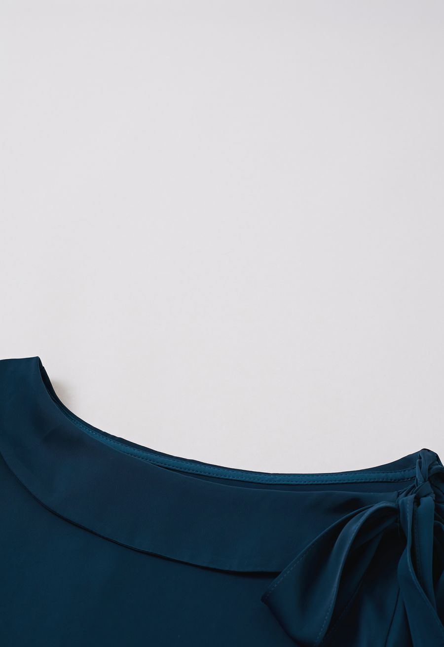 Side Knot Ruffle Sleeveless Satin Top in Teal