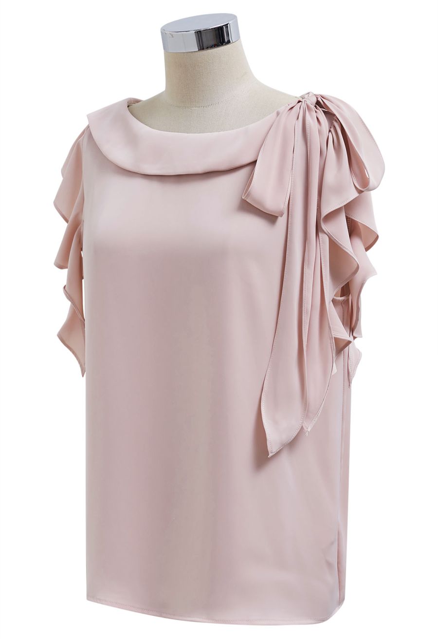 Side Knot Ruffle Sleeveless Satin Top in Pink