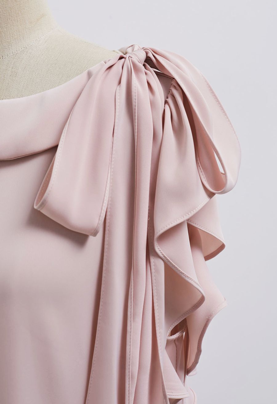 Side Knot Ruffle Sleeveless Satin Top in Pink