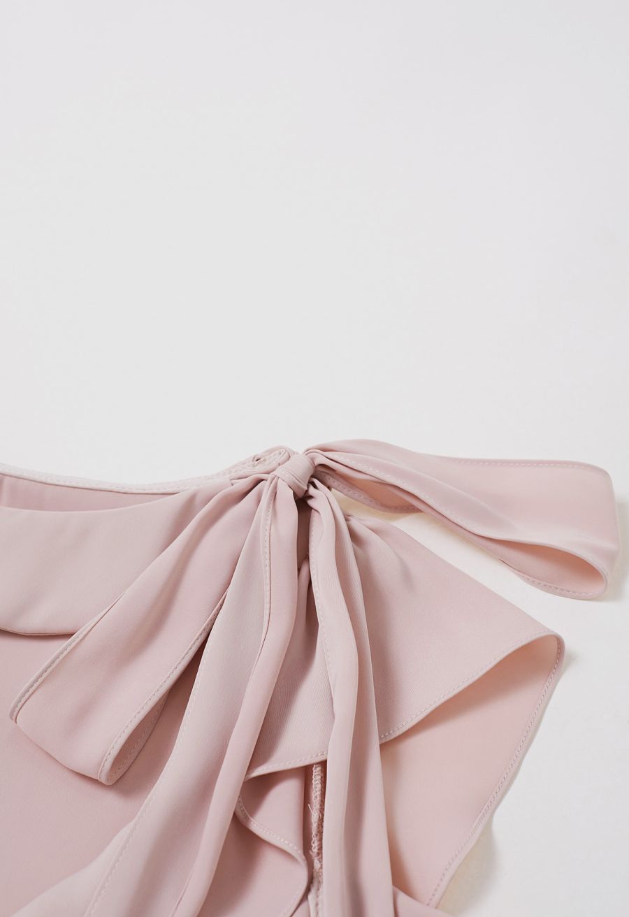 Side Knot Ruffle Sleeveless Satin Top in Pink