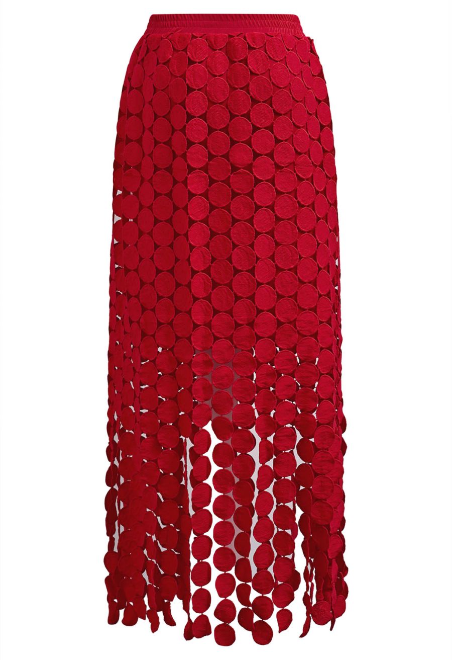 Chic Crochet Circle Fringe Maxi Skirt in Red