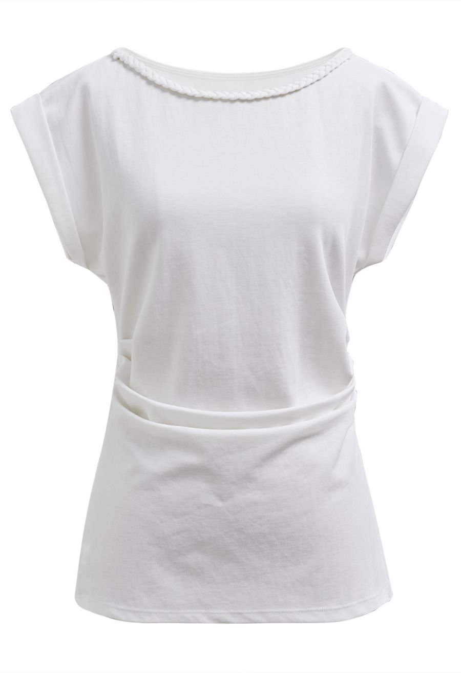 Braided Neckline Pleated Fitted Waist Top in White