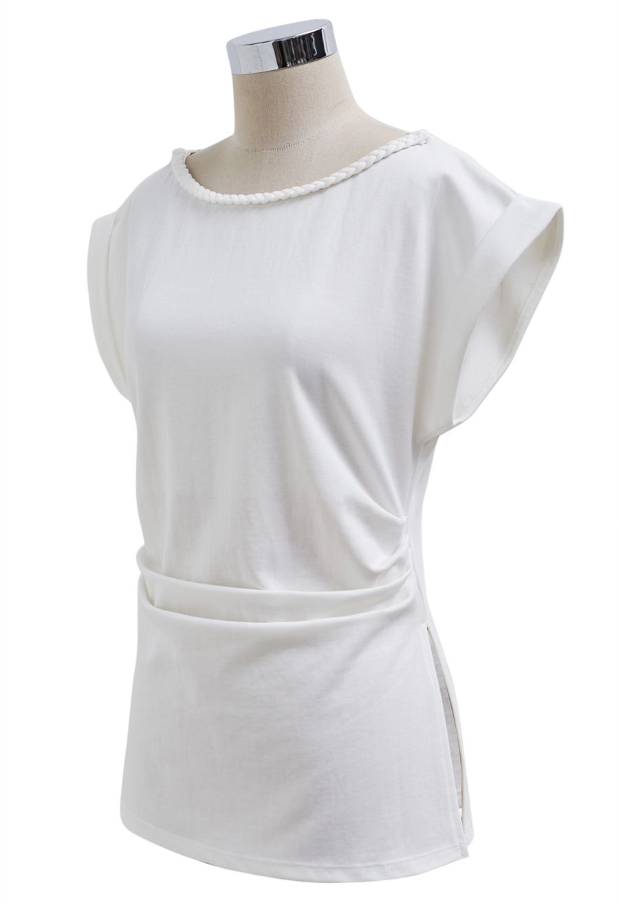 Braided Neckline Pleated Fitted Waist Top in White