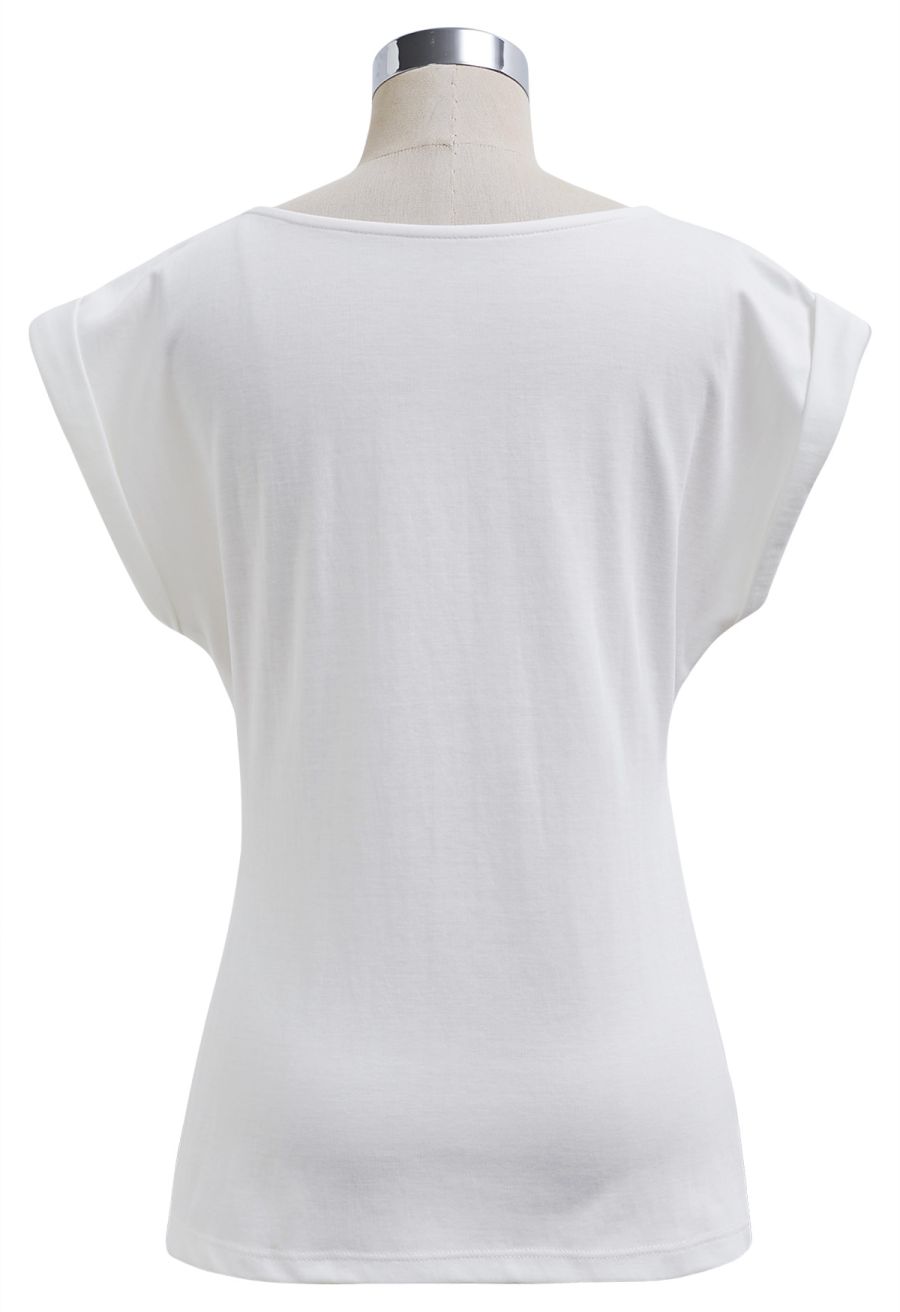 Braided Neckline Pleated Fitted Waist Top in White