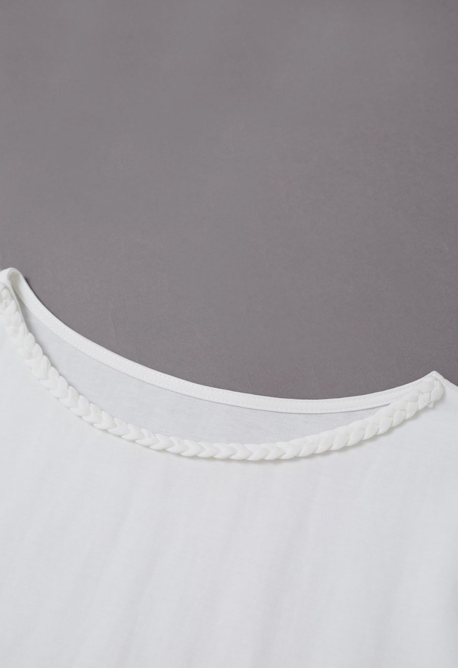 Braided Neckline Pleated Fitted Waist Top in White