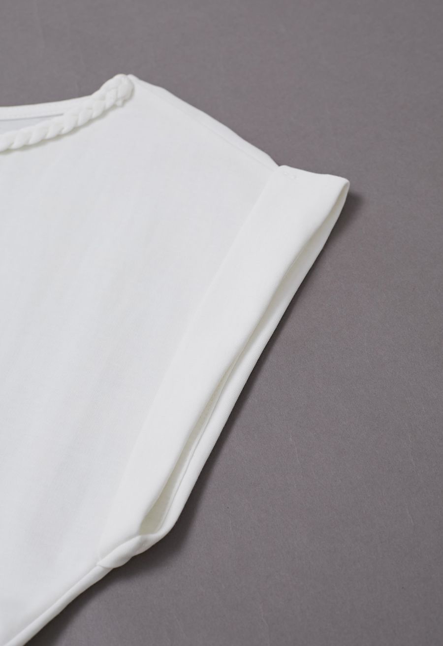 Braided Neckline Pleated Fitted Waist Top in White