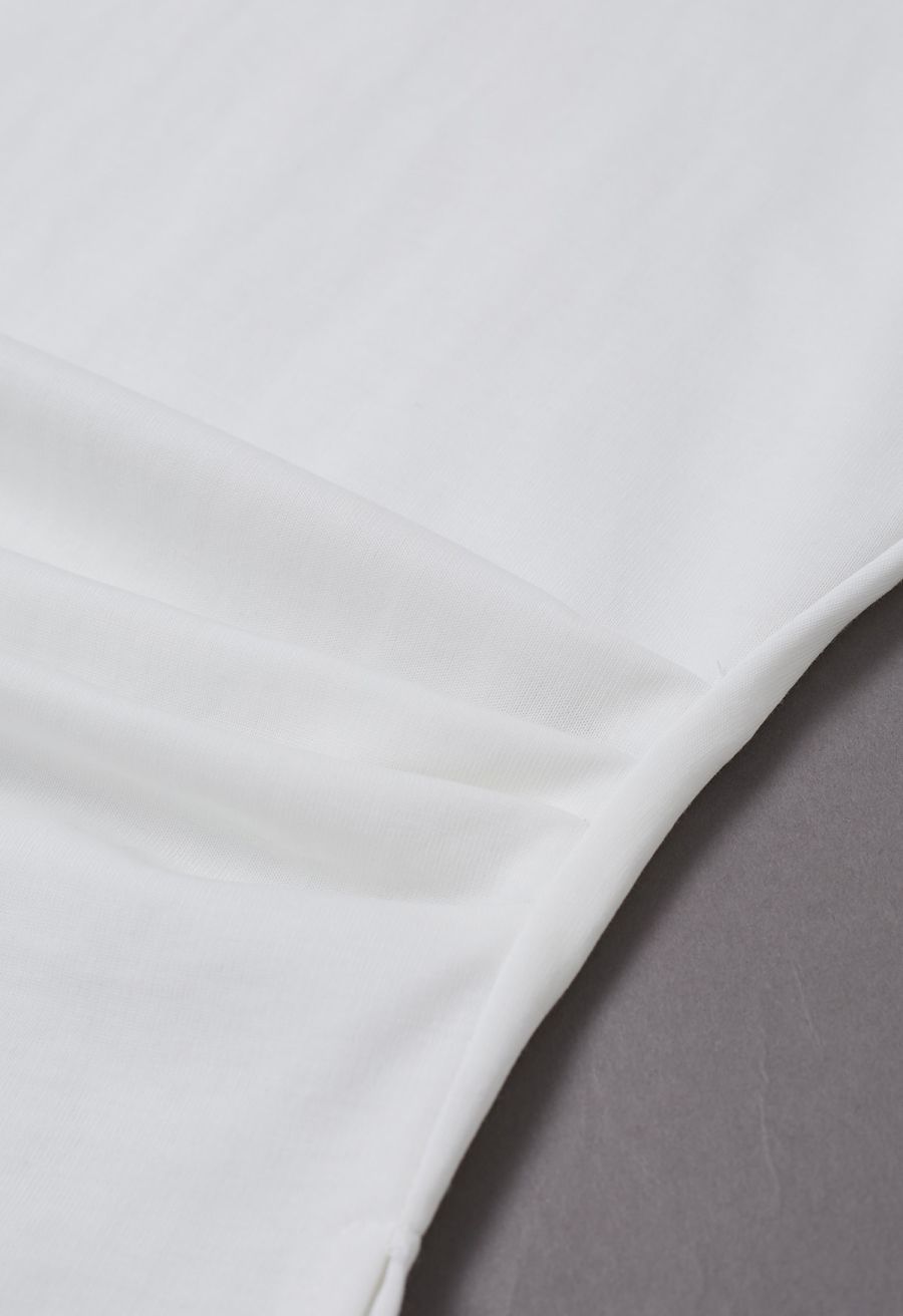 Braided Neckline Pleated Fitted Waist Top in White
