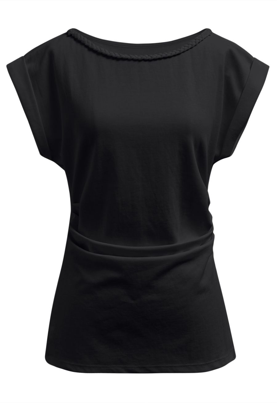 Braided Neckline Pleated Fitted Waist Top in Black