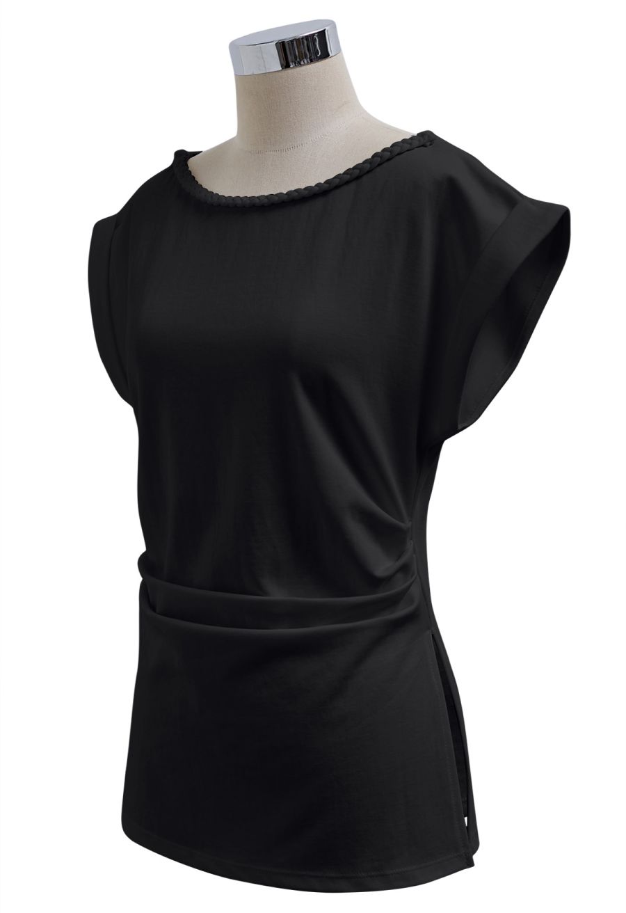 Braided Neckline Pleated Fitted Waist Top in Black