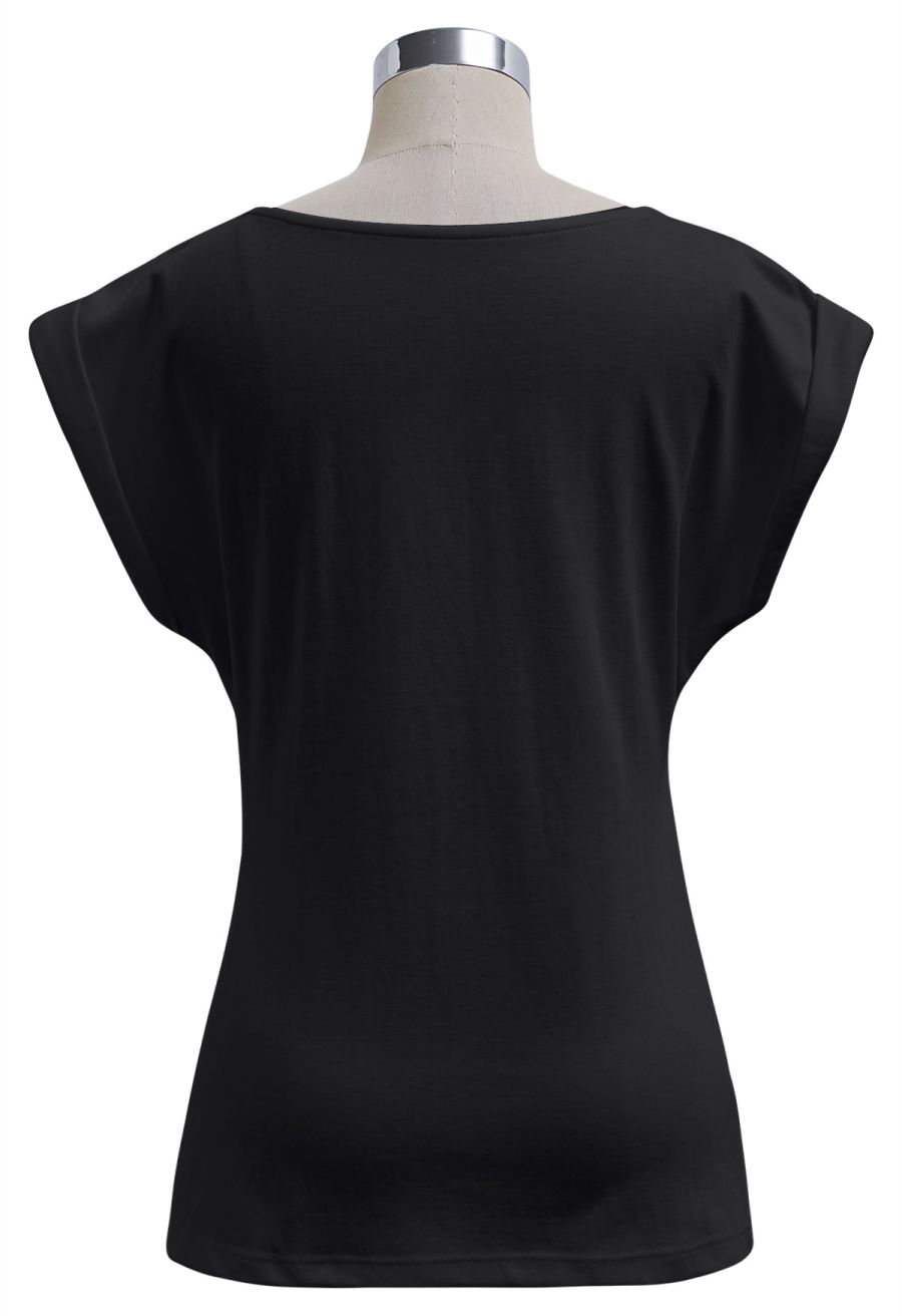 Braided Neckline Pleated Fitted Waist Top in Black