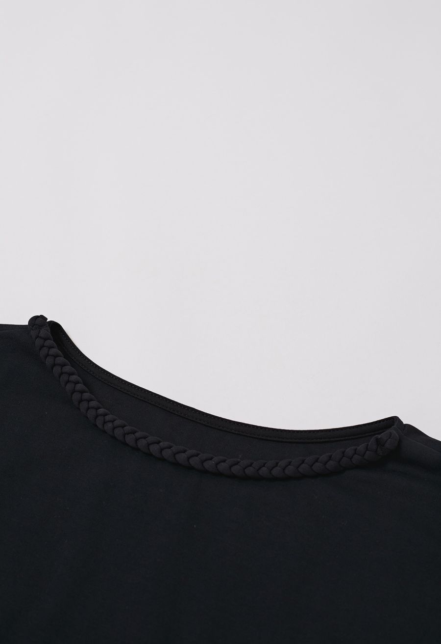 Braided Neckline Pleated Fitted Waist Top in Black