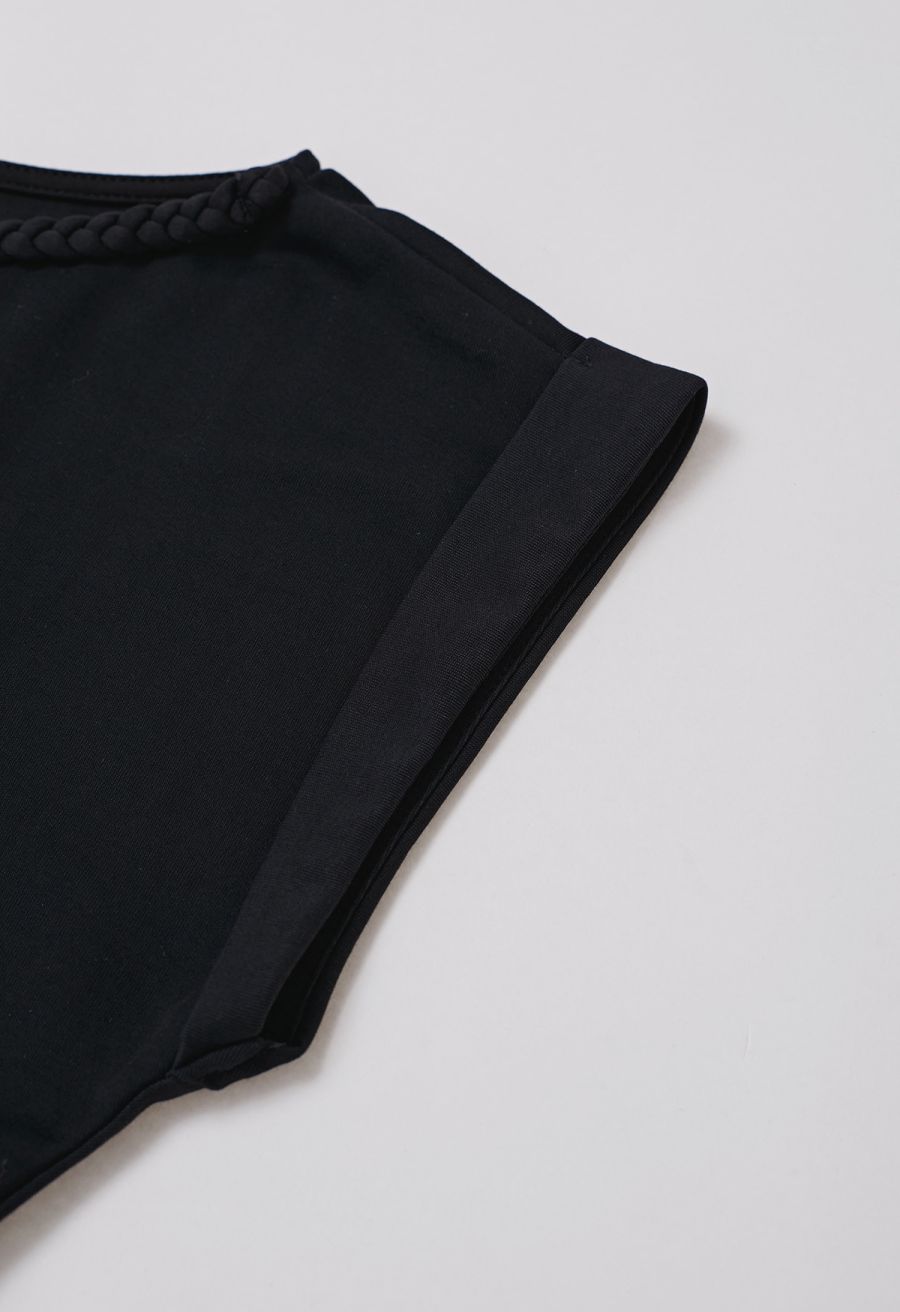 Braided Neckline Pleated Fitted Waist Top in Black