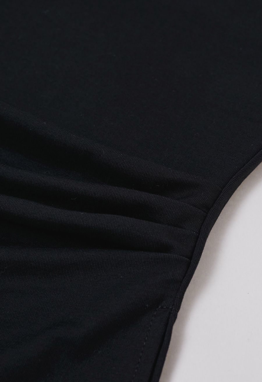 Braided Neckline Pleated Fitted Waist Top in Black