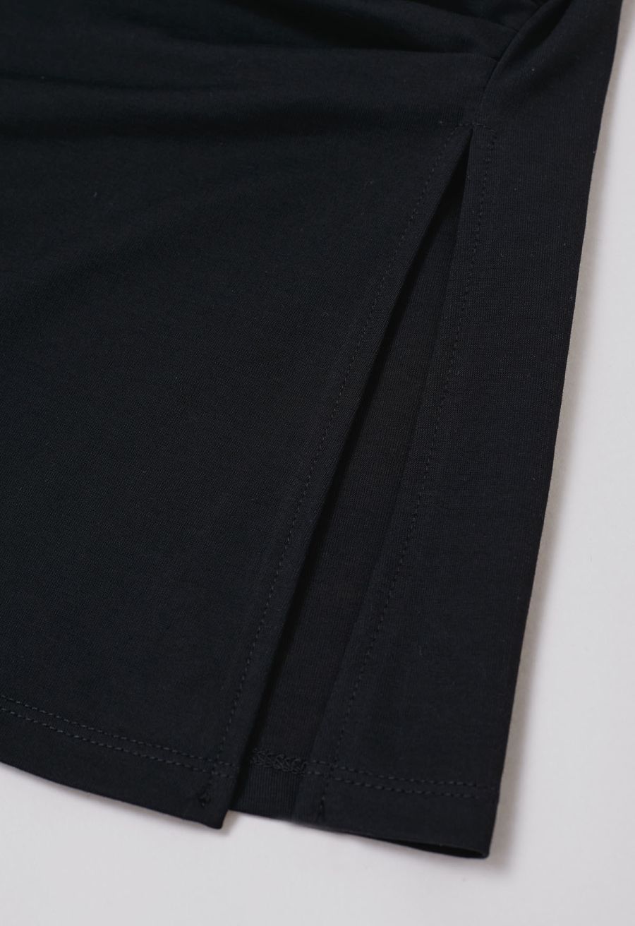Braided Neckline Pleated Fitted Waist Top in Black