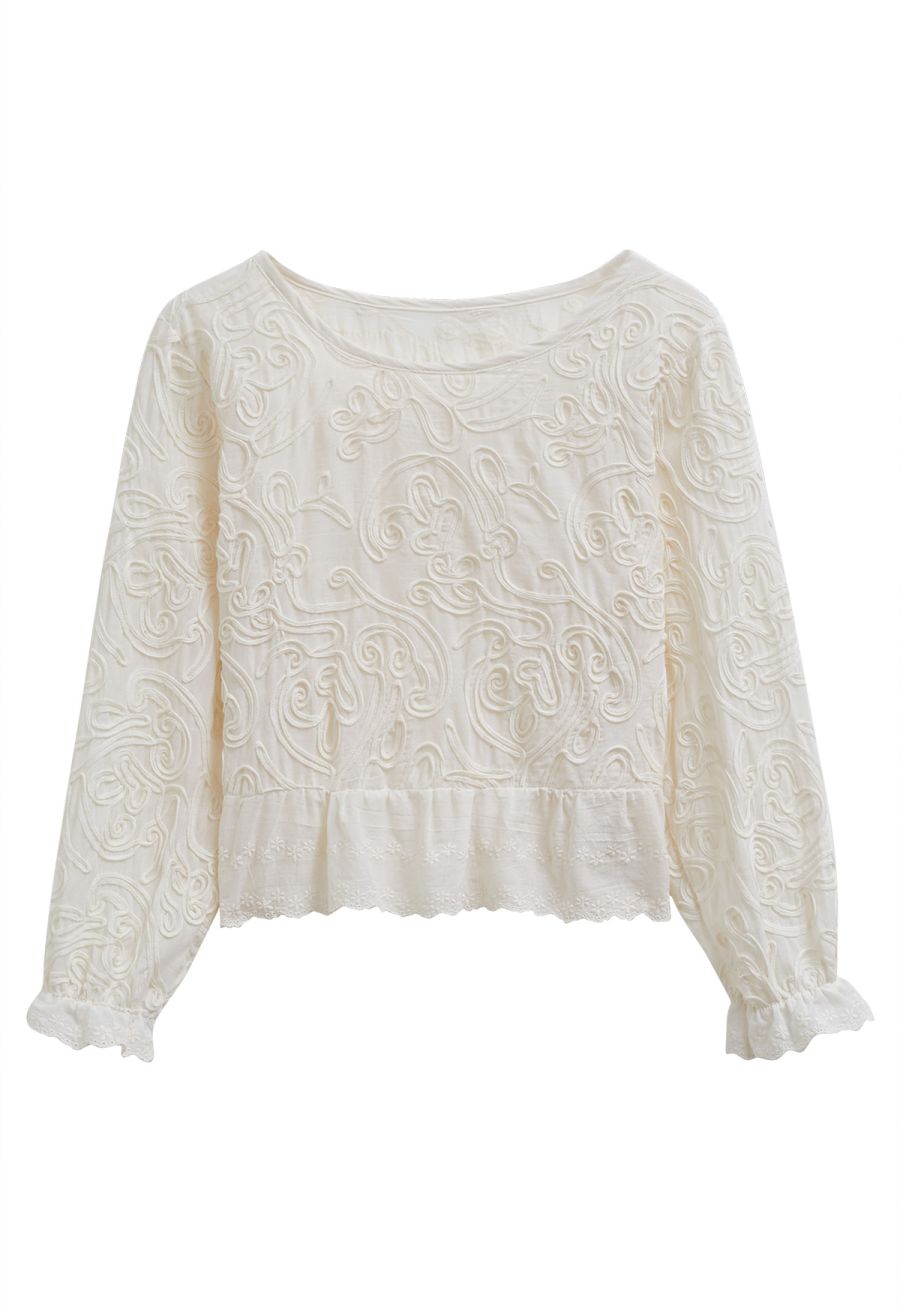 Tapework Lace Decor Semi-Sheer Cotton Top