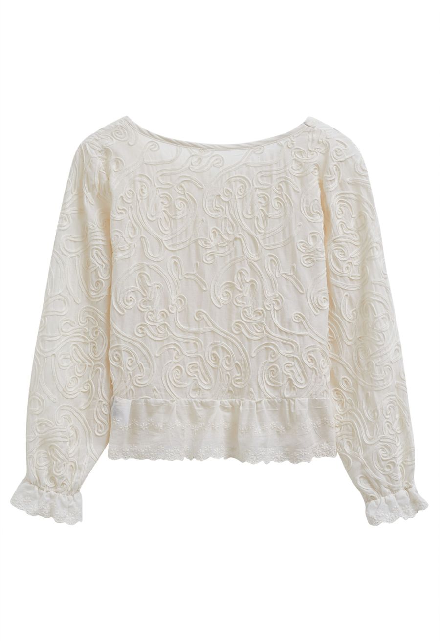 Tapework Lace Decor Semi-Sheer Cotton Top
