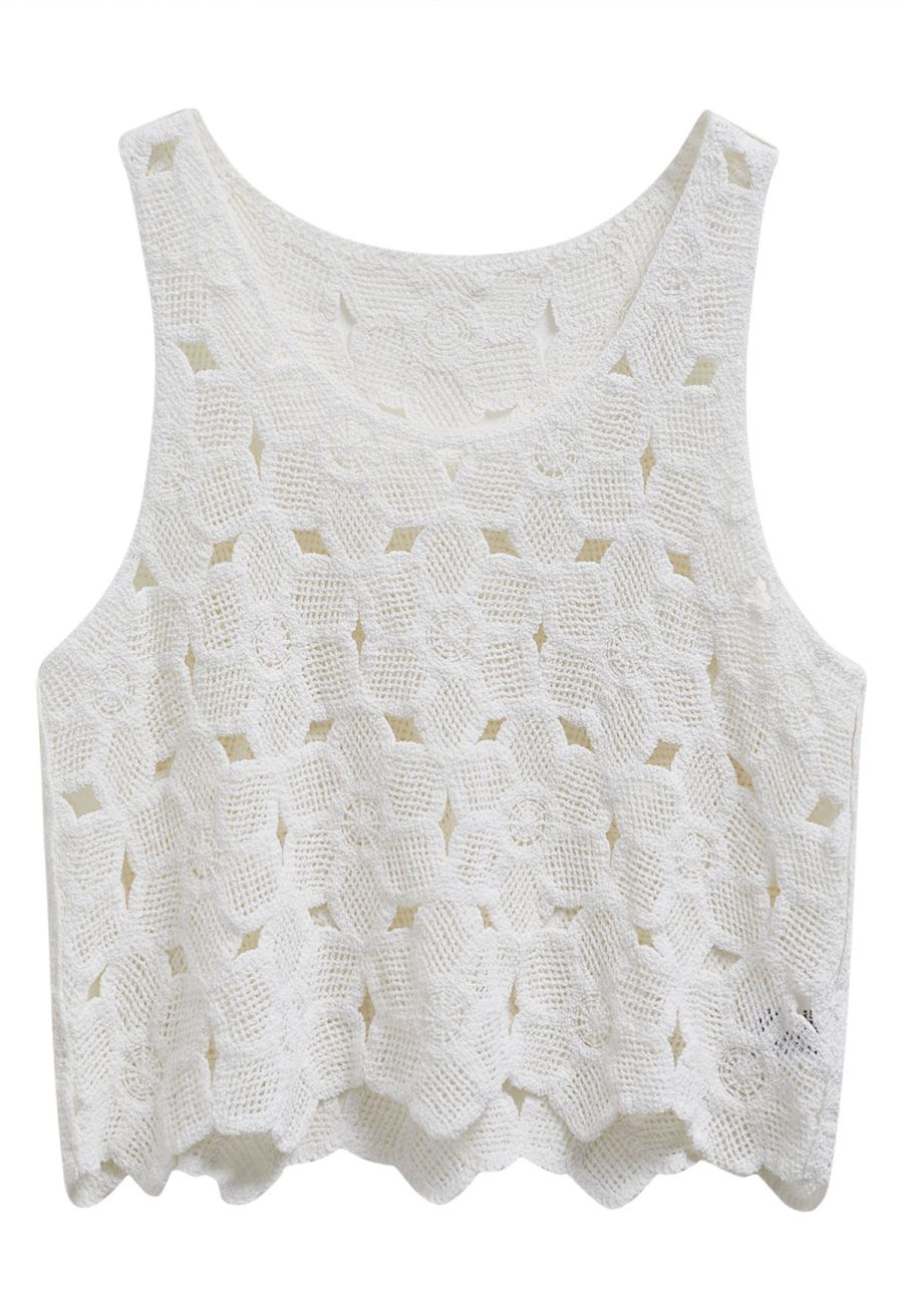 Scoop Neckline Floral Cutwork Crochet Sleeveless Top in White