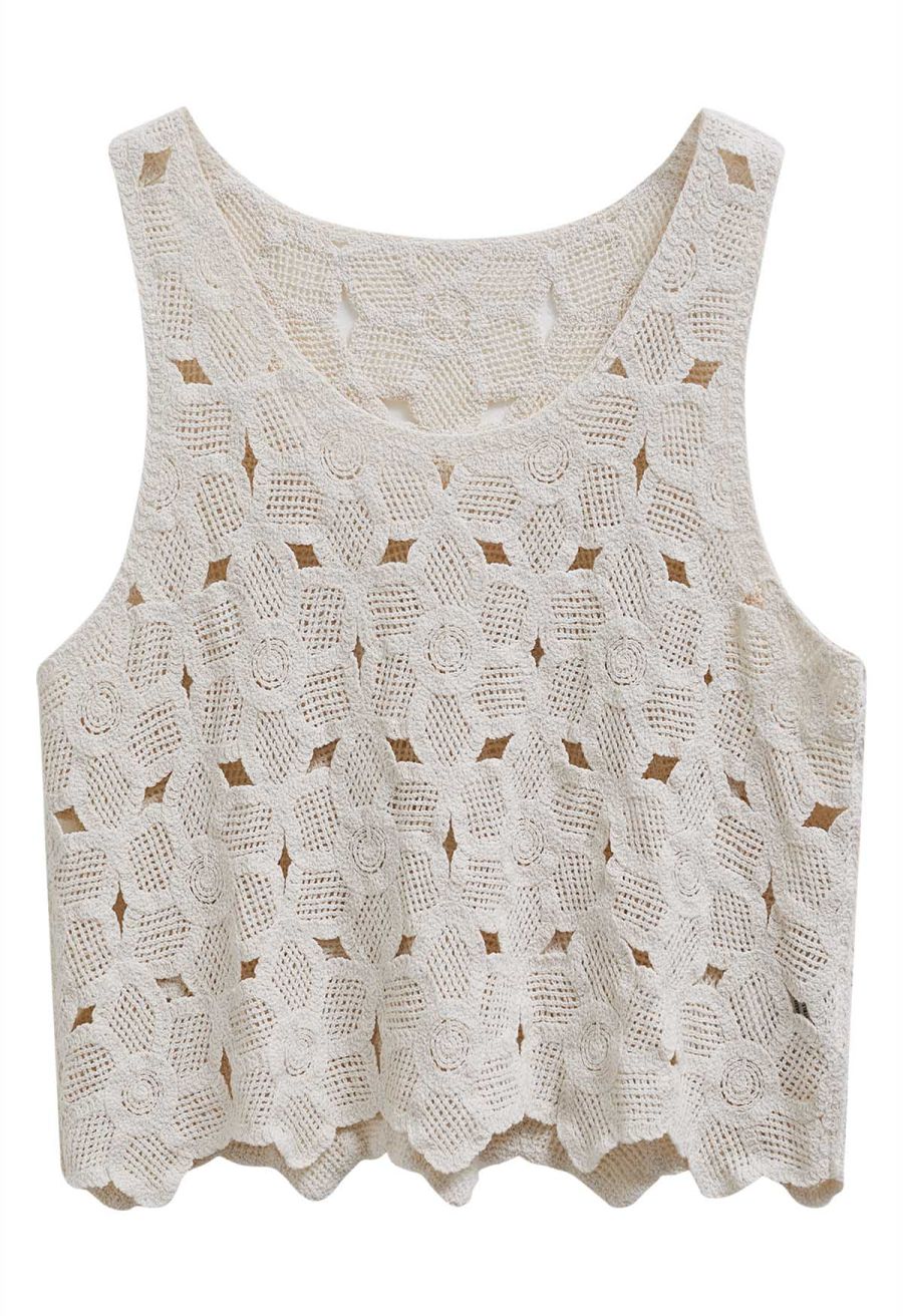 Scoop Neckline Floral Cutwork Crochet Sleeveless Top in Cream