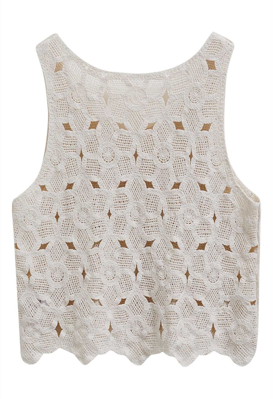 Scoop Neckline Floral Cutwork Crochet Sleeveless Top in Cream
