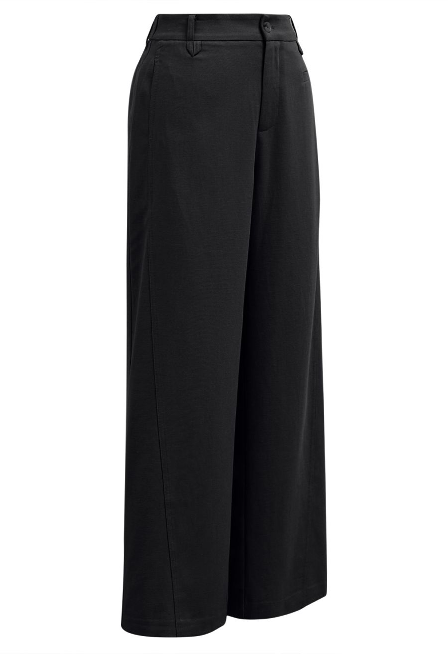Half-Elasticated Waistband Linen-Blend Pants in Black