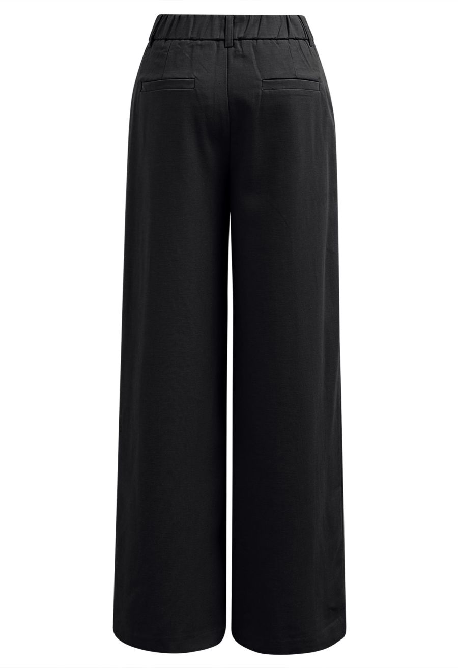 Half-Elasticated Waistband Linen-Blend Pants in Black