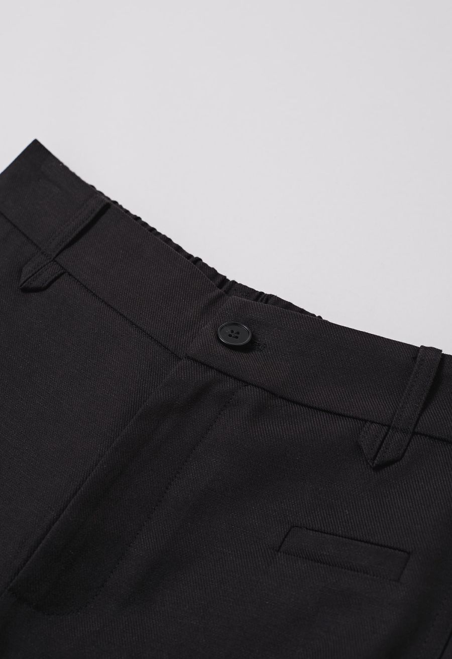 Half-Elasticated Waistband Linen-Blend Pants in Black