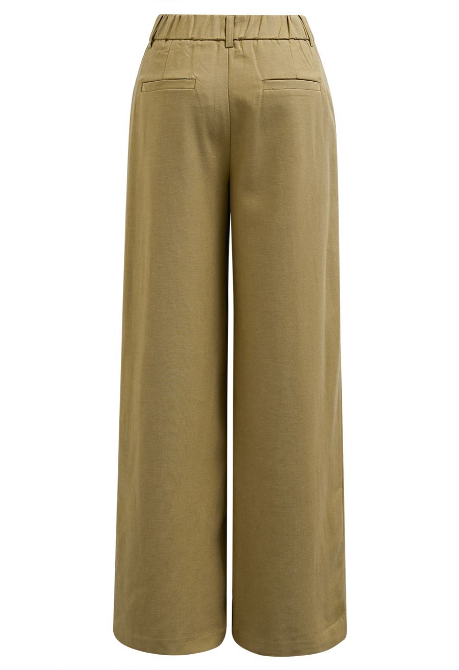 Half-Elasticated Waistband Linen-Blend Pants in Camel
