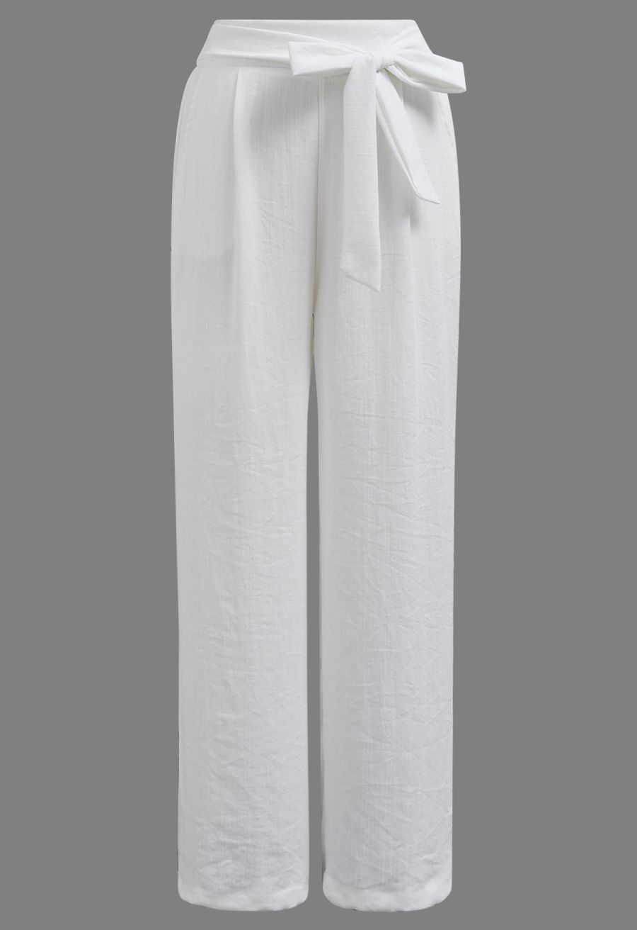 Laid-Back Tie-Bow Linen-Blend Pants in White