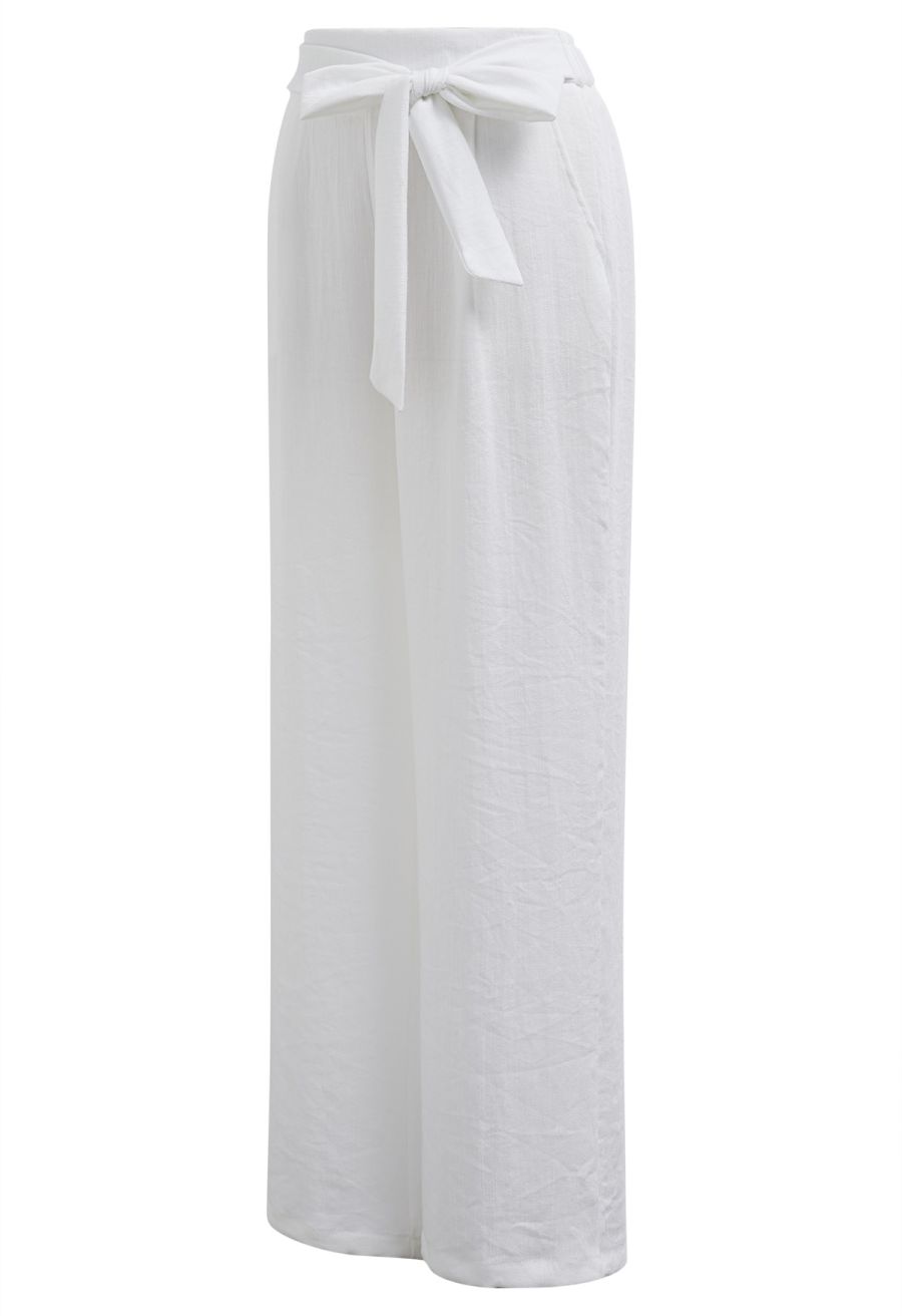 Laid-Back Tie-Bow Linen-Blend Pants in White