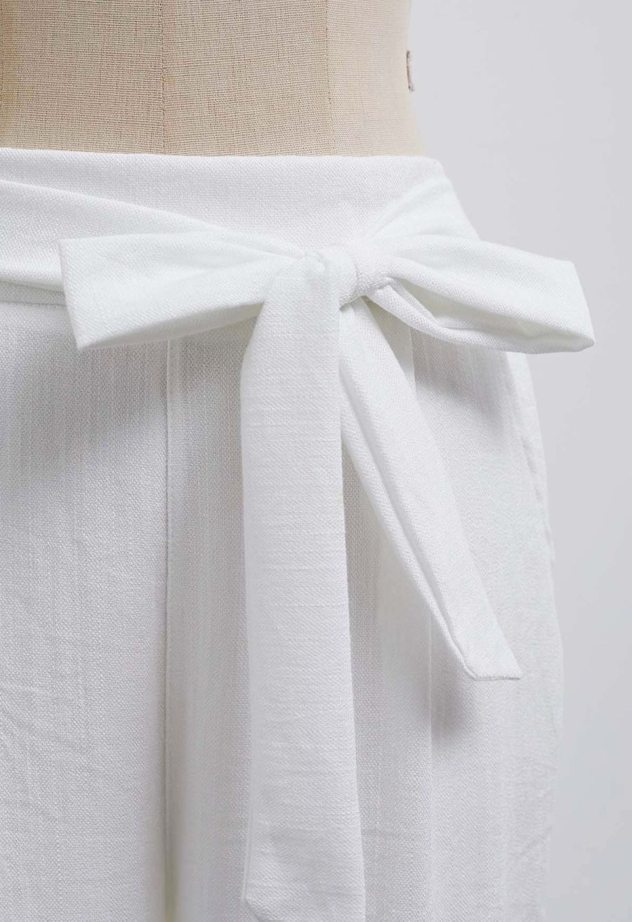Laid-Back Tie-Bow Linen-Blend Pants in White