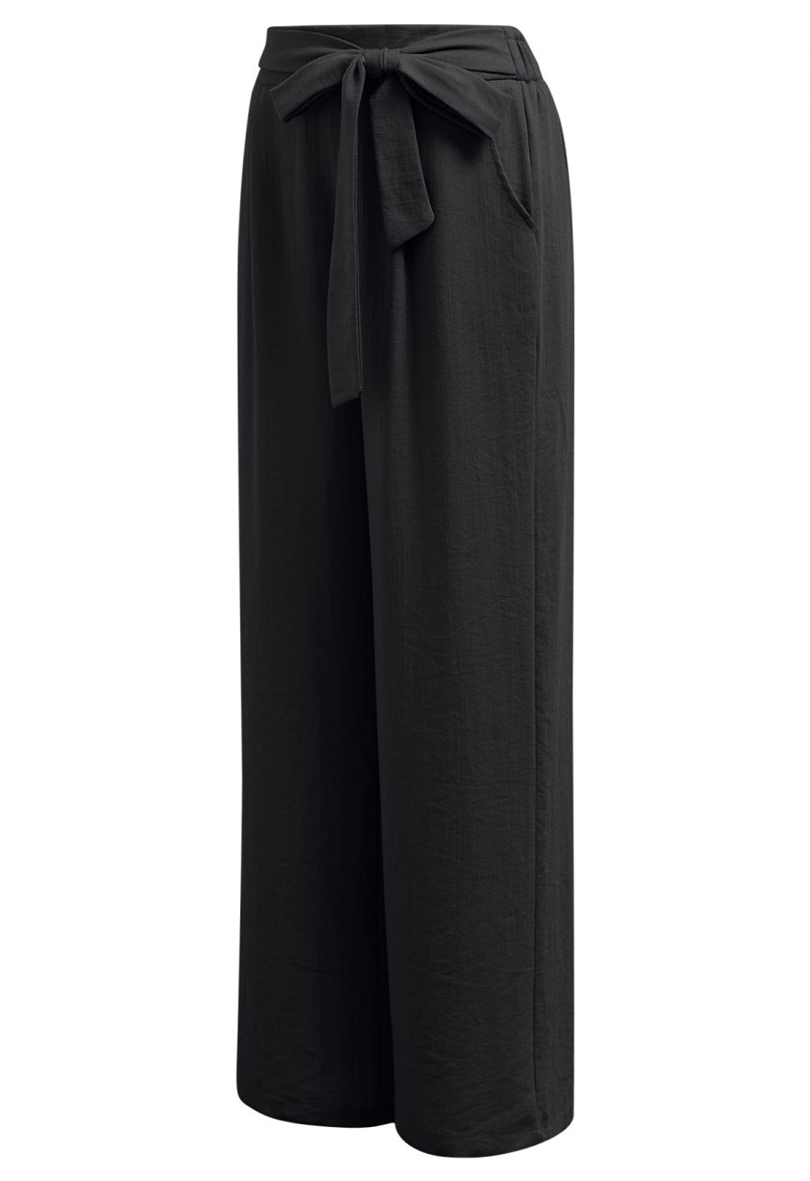 Laid-Back Tie-Bow Linen-Blend Pants in Black